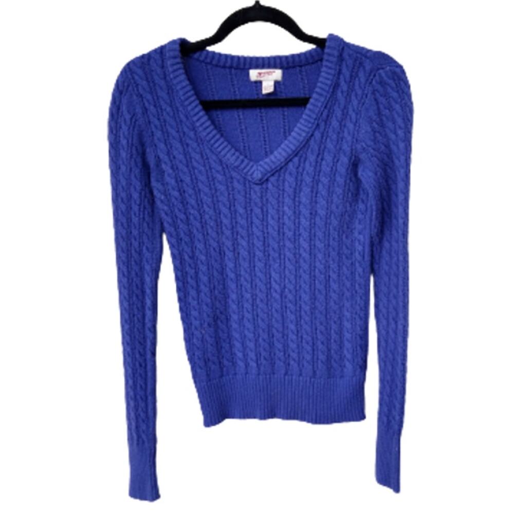 Women's Blue Sweater Size Medium V Neck Cable Knit Long Sleeves Arizona Jean Co